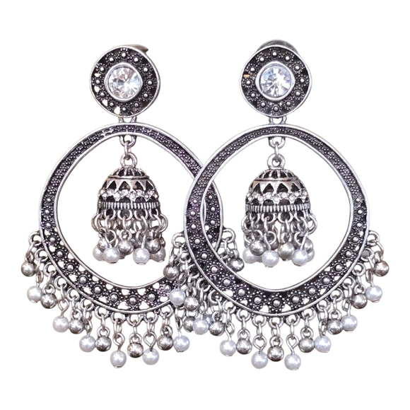 Indian Jhumka Round Crystal Oxidized Silvertone Hoop Earrings - Picture 4 of 6